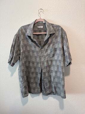 Pierre Cardin Men's XL Grey Checkered Dobby Textured Cotton Short Sleeve